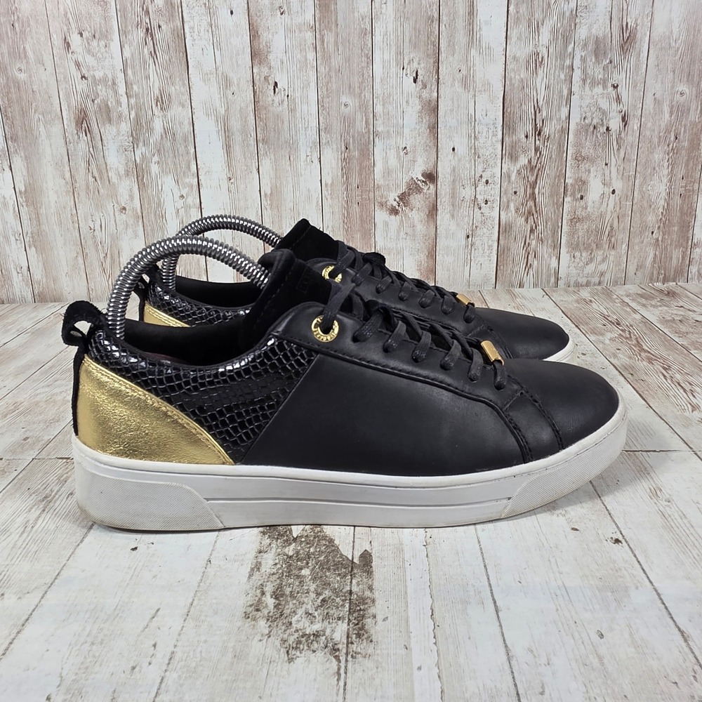 Ted Baker London Kulee Black Leather Gold Snakeskin Sneakers Womens Size 8 EU 39